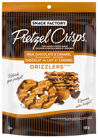 Snack Factory® Pretzel Crisps®
Milk Chocolate & Caramel Drizzlers (155 g)